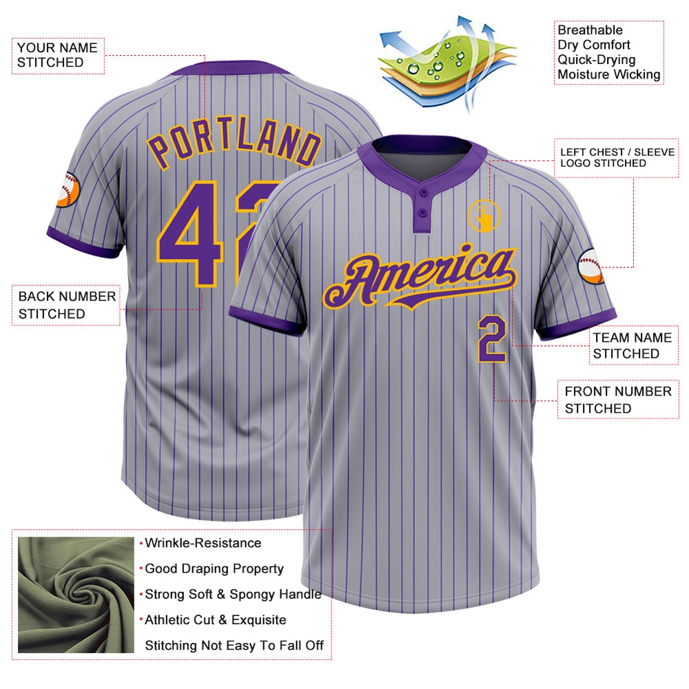 Gray Purple Pinstripe Gold Two Button Unisex Softball Jersey, Custom Team Softball Jersey