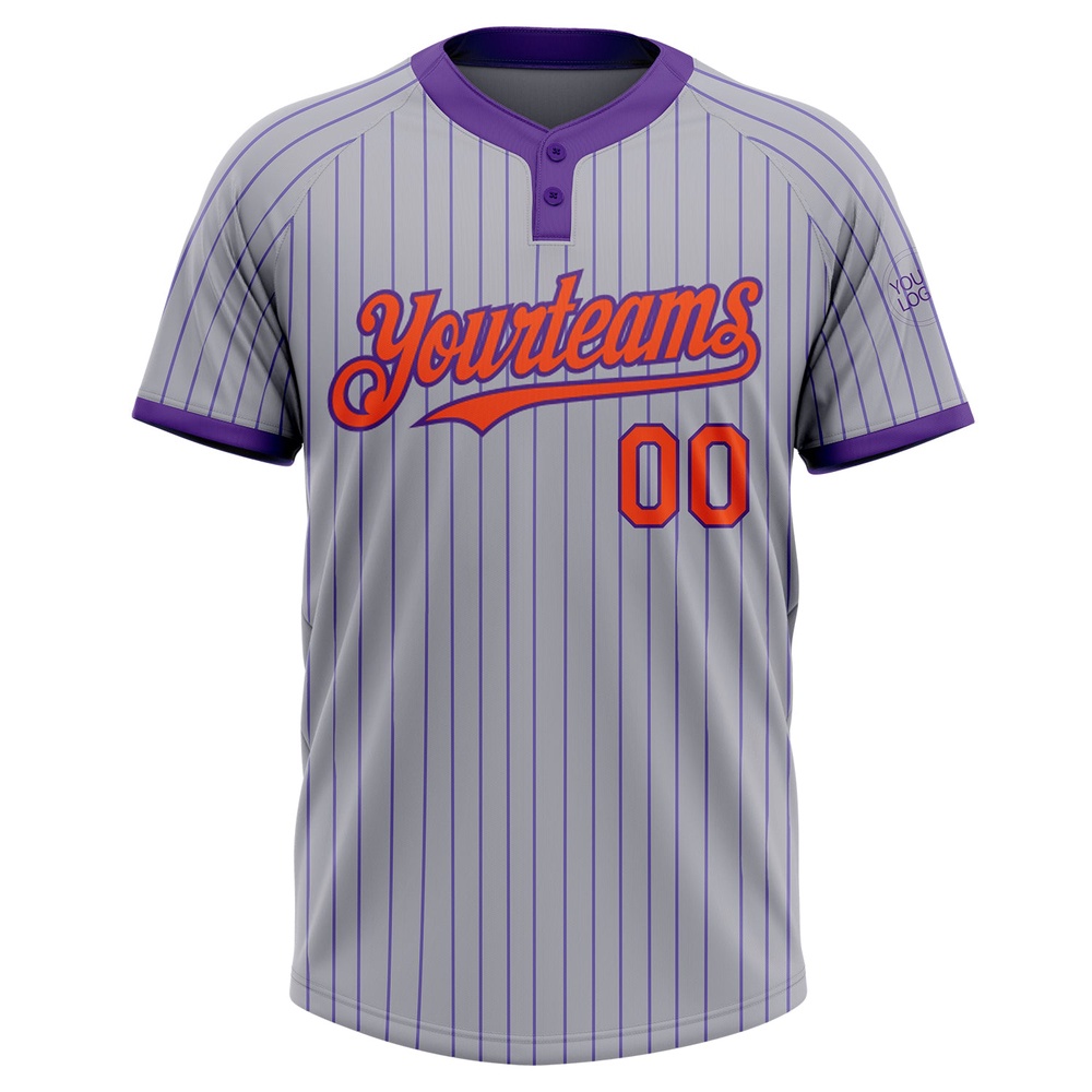 Gray Purple Pinstripe Orange Two Button Unisex Softball Jersey, Custom Team Softball Jersey Gray Purple Pinstripe Orange Two Button Unisex Softball Jersey, Custom Team Softball Jersey
