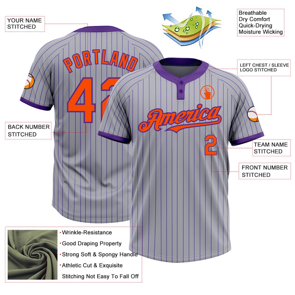 Gray Purple Pinstripe Orange Two Button Unisex Softball Jersey, Custom Team Softball Jersey Gray Purple Pinstripe Orange Two Button Unisex Softball Jersey, Custom Team Softball Jersey