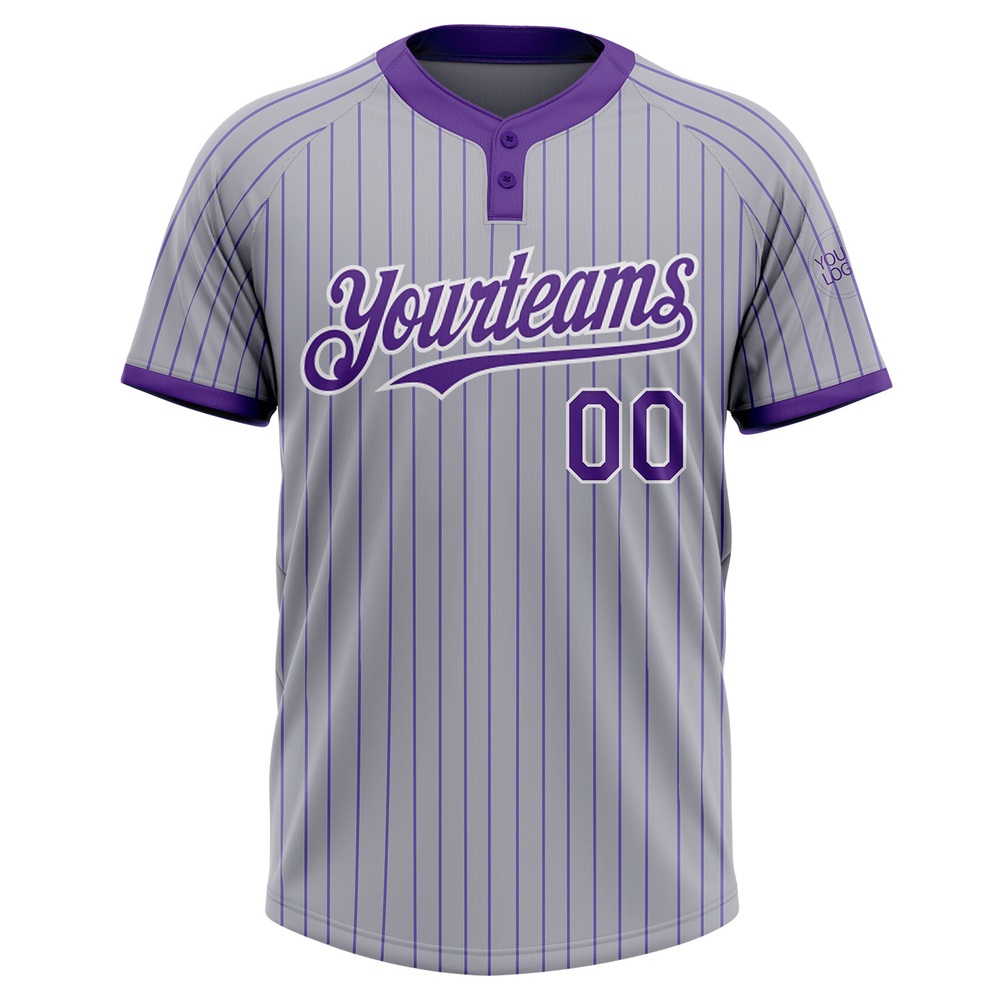 Gray Purple Pinstripe White Two Button Unisex Softball Jersey, Custom Team Softball Jersey