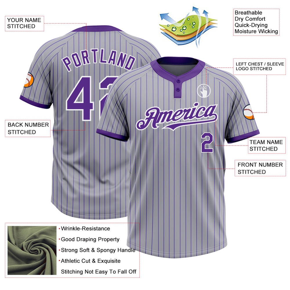 Gray Purple Pinstripe White Two Button Unisex Softball Jersey, Custom Team Softball Jersey