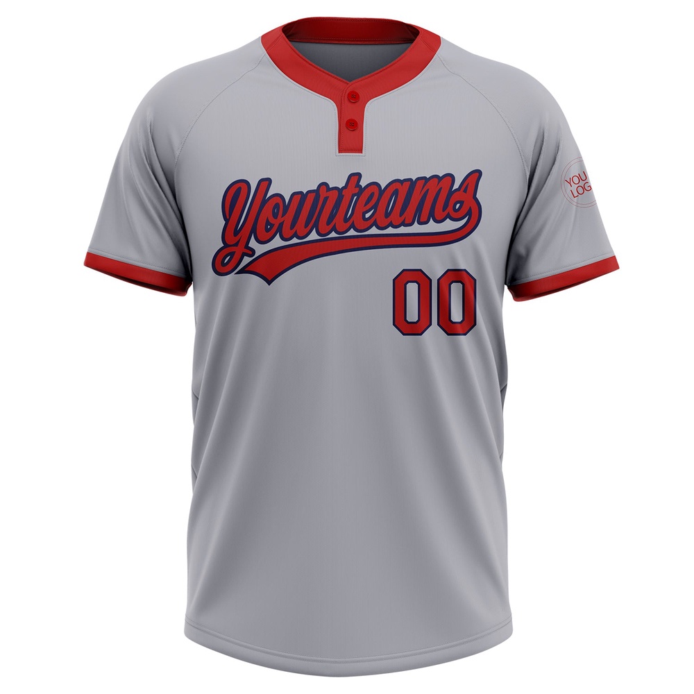 Gray Red Navy Two Button Unisex Softball Jersey, Custom Team Softball Jersey Gray Red Navy Two Button Unisex Softball Jersey, Custom Team Softball Jersey