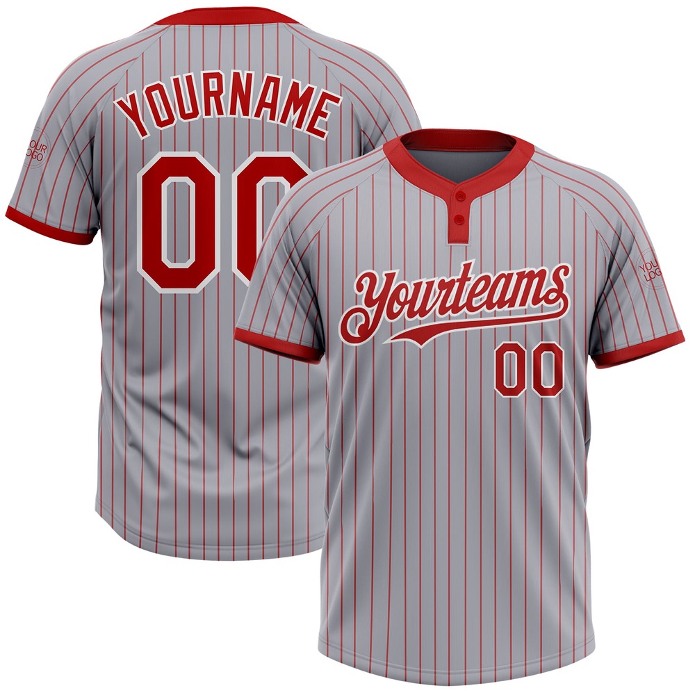 Gray Red Pinstripe White Two Button Unisex Softball Jersey, Custom Team Softball Jersey Gray Red Pinstripe White Two Button Unisex Softball Jersey, Custom Team Softball Jersey