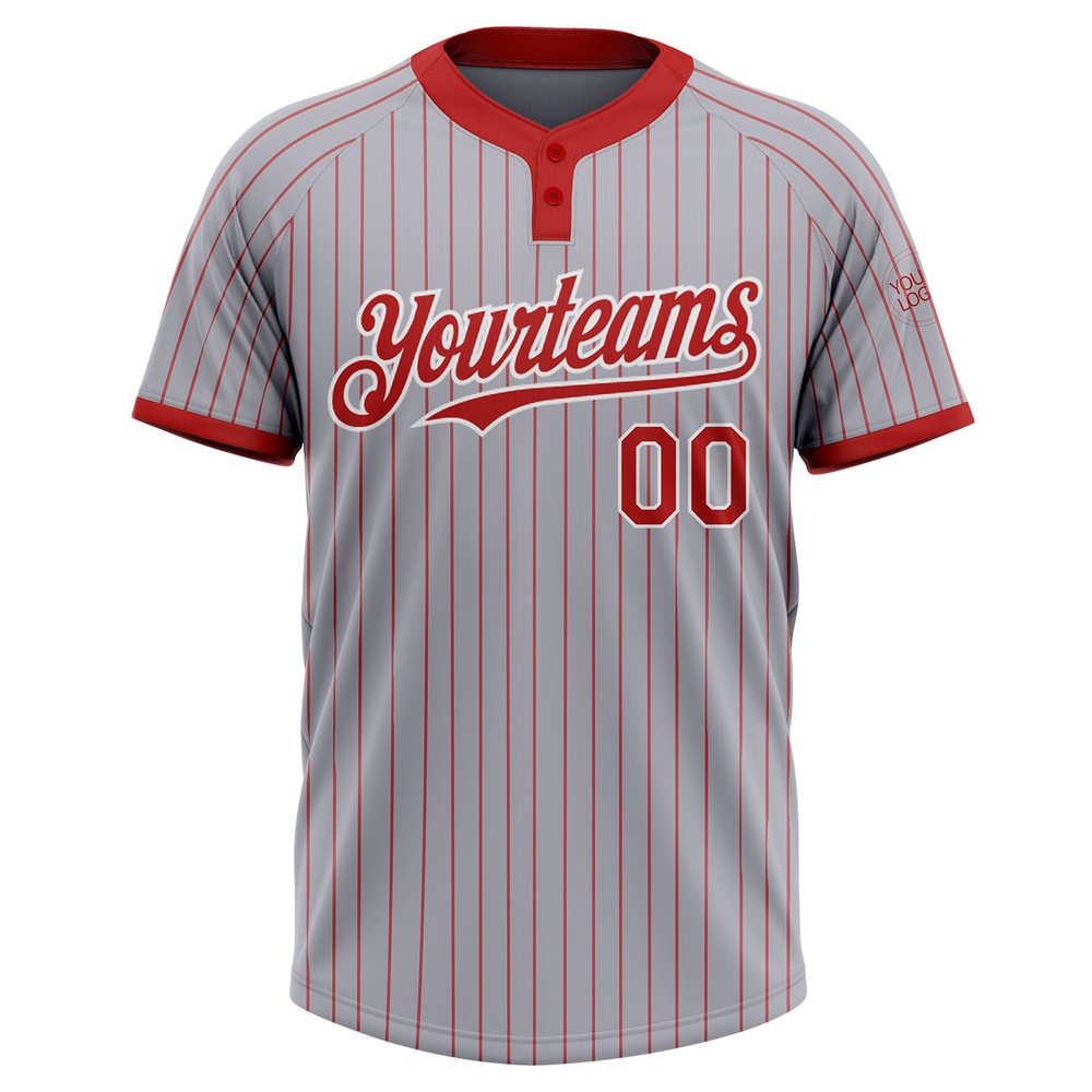 Gray Red Pinstripe White Two Button Unisex Softball Jersey, Custom Team Softball Jersey Gray Red Pinstripe White Two Button Unisex Softball Jersey, Custom Team Softball Jersey