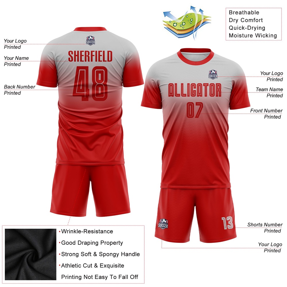 Gray Red Sublimation Fade Fashion Soccer Uniform Jersey, Custom Team Soccer Jersey Shirt Gray Red Sublimation Fade Fashion Soccer Uniform Jersey, Custom Team Soccer Jersey Shirt