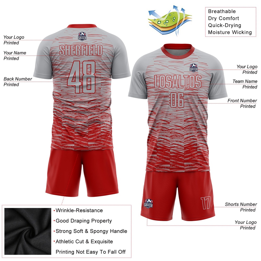Gray Red Sublimation Soccer Uniform Jersey, Custom Team Soccer Jersey Shirt