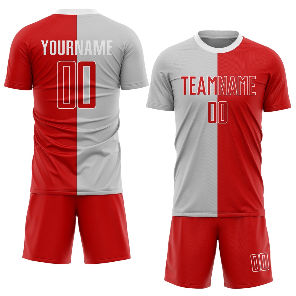 Gray Red White Sublimation Split Fashion Soccer Uniform Jersey, Custom Team Soccer Jersey Shirt