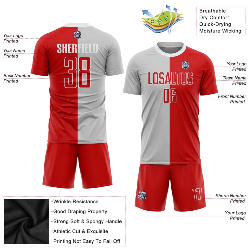 Gray Red White Sublimation Split Fashion Soccer Uniform Jersey, Custom Team Soccer Jersey Shirt
