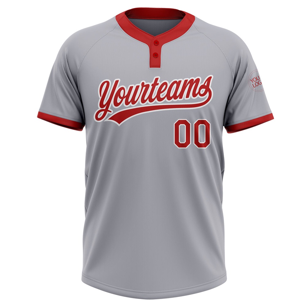 Gray Red White Two Button Unisex Softball Jersey, Custom Team Softball Jersey Gray Red White Two Button Unisex Softball Jersey, Custom Team Softball Jersey