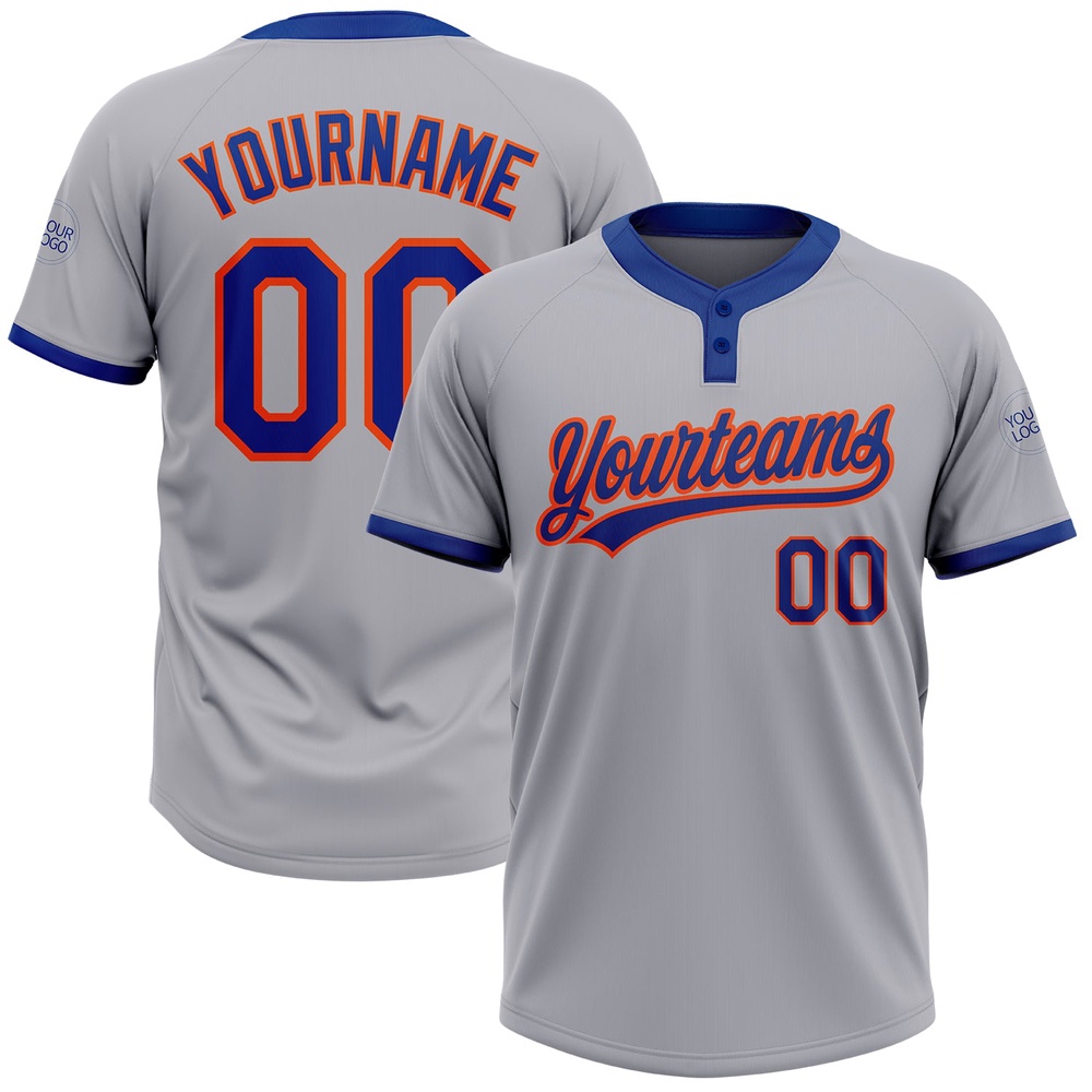 Gray Royal Orange Two Button Unisex Softball Jersey, Custom Team Softball Jersey Gray Royal Orange Two Button Unisex Softball Jersey, Custom Team Softball Jersey