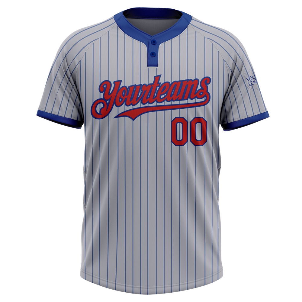 Gray Royal Pinstripe Red Two Button Unisex Softball Jersey, Custom Team Softball Jersey Gray Royal Pinstripe Red Two Button Unisex Softball Jersey, Custom Team Softball Jersey