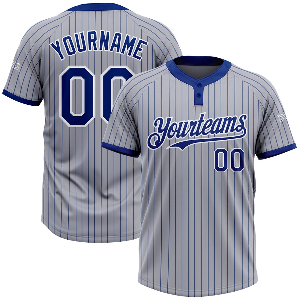 Gray Royal Pinstripe White Two Button Unisex Softball Jersey, Custom Team Softball Jersey Gray Royal Pinstripe White Two Button Unisex Softball Jersey, Custom Team Softball Jersey