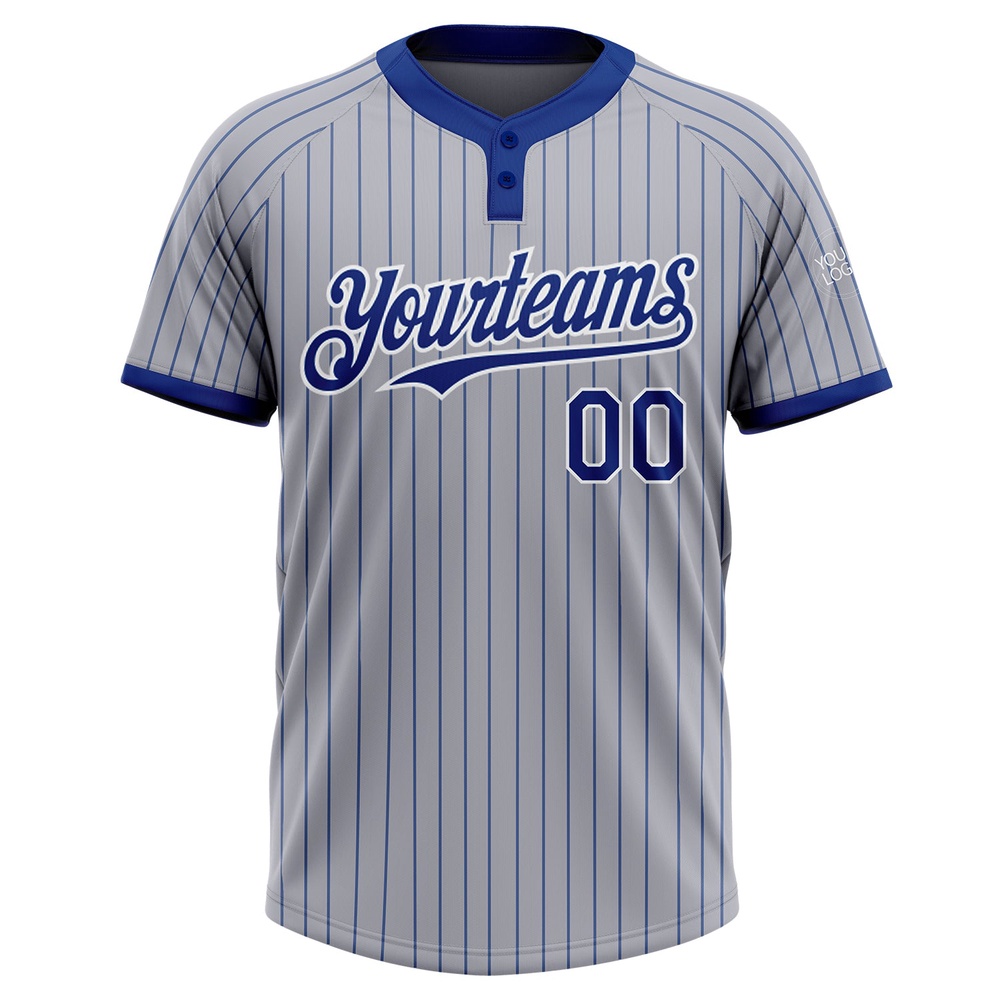 Gray Royal Pinstripe White Two Button Unisex Softball Jersey, Custom Team Softball Jersey Gray Royal Pinstripe White Two Button Unisex Softball Jersey, Custom Team Softball Jersey
