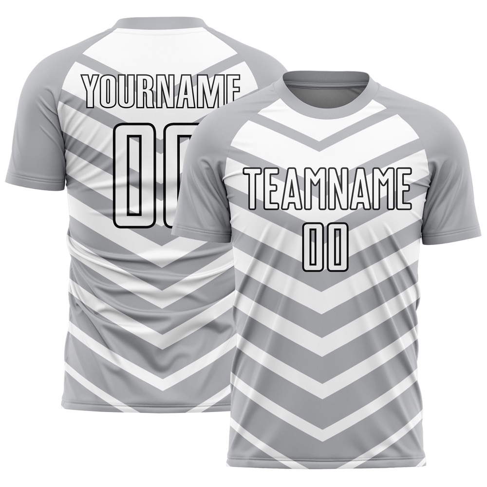 Gray White Black Arrow Shapes Sublimation Soccer Uniform Jersey, Custom Team Soccer Jersey Shirt Gray White Black Arrow Shapes Sublimation Soccer Uniform Jersey, Custom Team Soccer Jersey Shirt