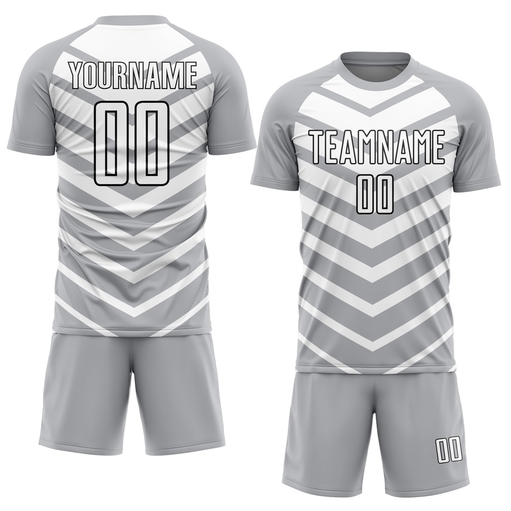 Gray White Black Arrow Shapes Sublimation Soccer Uniform Jersey, Custom Team Soccer Jersey Shirt Gray White Black Arrow Shapes Sublimation Soccer Uniform Jersey, Custom Team Soccer Jersey Shirt