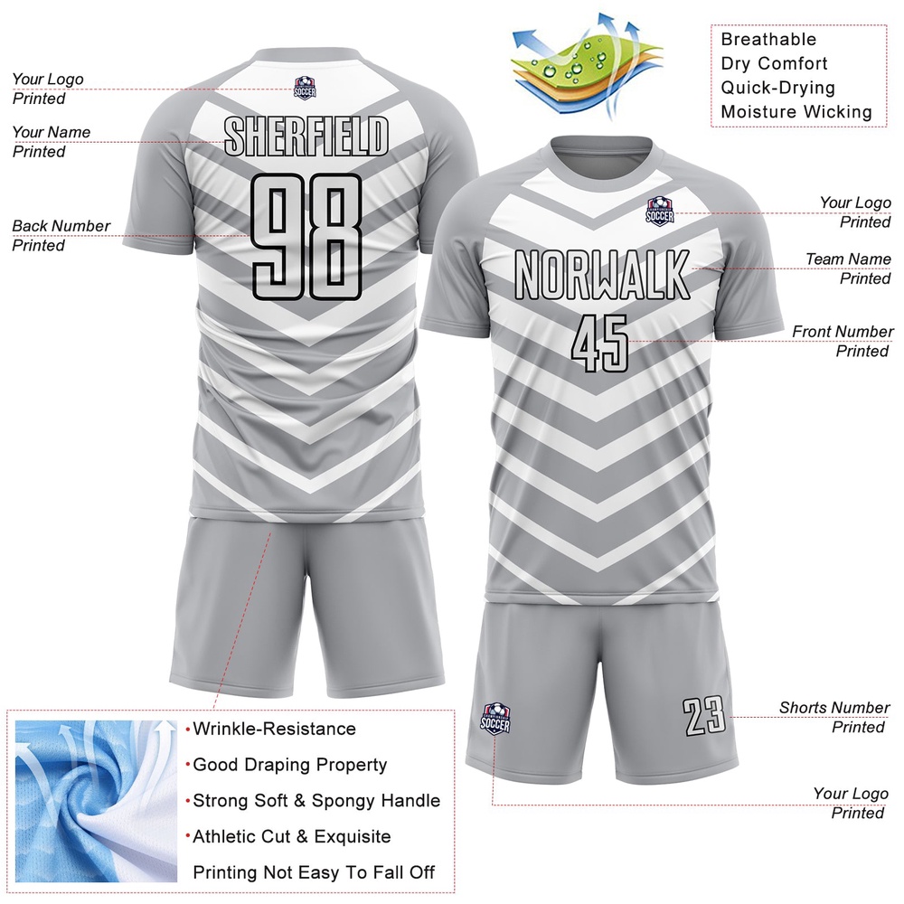 Gray White Black Arrow Shapes Sublimation Soccer Uniform Jersey, Custom Team Soccer Jersey Shirt Gray White Black Arrow Shapes Sublimation Soccer Uniform Jersey, Custom Team Soccer Jersey Shirt