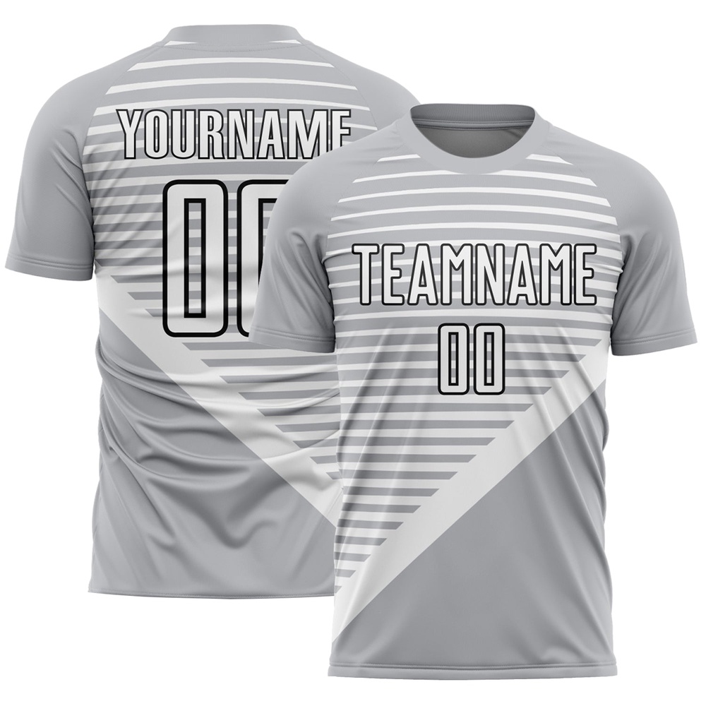 Gray White Black Stripes Sublimation Soccer Uniform Jersey, Custom Team Soccer Jersey Shirt