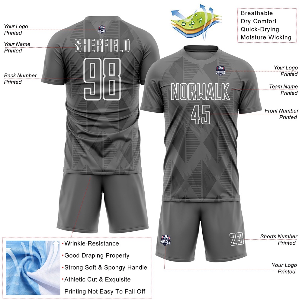 Gray White Geometric Shapes Sublimation Soccer Uniform Jersey, Custom Team Soccer Jersey Shirt