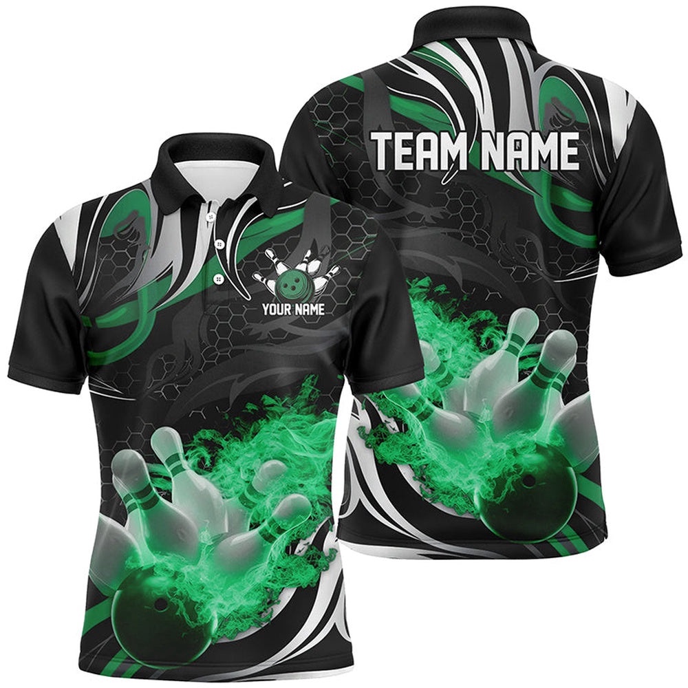 Green And Black Custom Flame Bowling Shirts For Men, Bowling Team Polo Shirts, Personalized Bowling Team Shirt Green And Black Custom Flame Bowling Shirts For Men, Bowling Team Polo Shirts, Personalized Bowling Team Shirt
