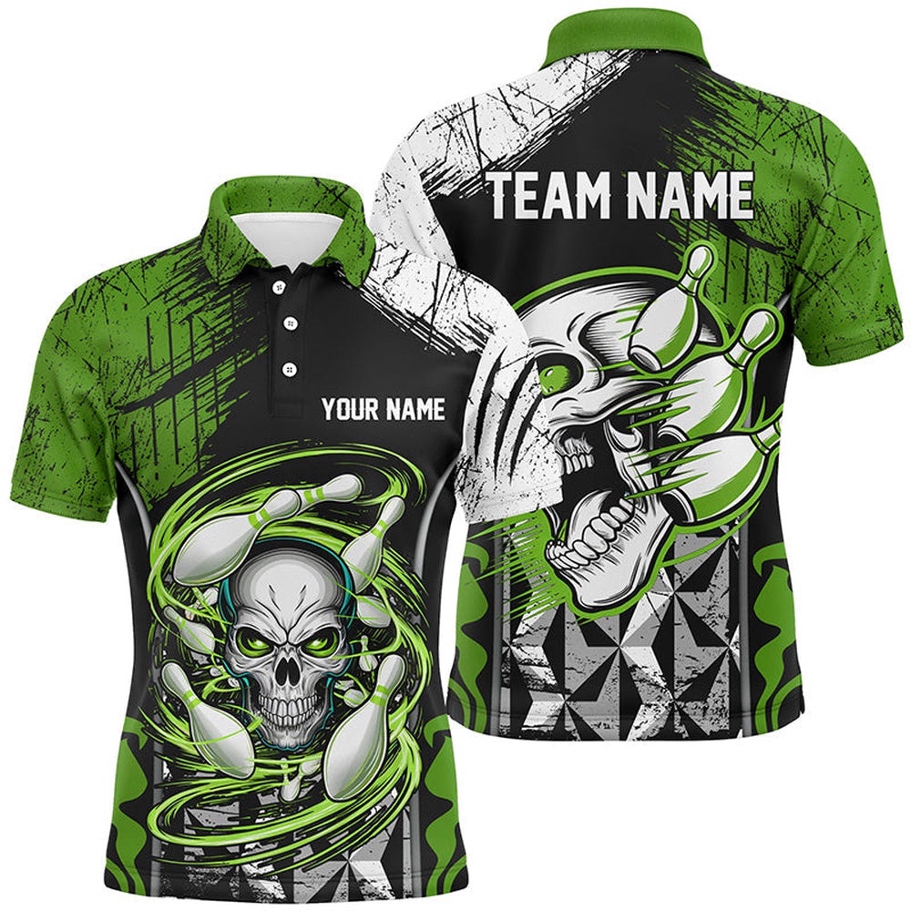 Green And Black Custom Skull Bowling Shirts, Short Sleeve Bowling Polo Shirts For Men, Personalized Bowling Team Shirt Green And Black Custom Skull Bowling Shirts, Short Sleeve Bowling Polo Shirts For Men, Personalized Bowling Team Shirt