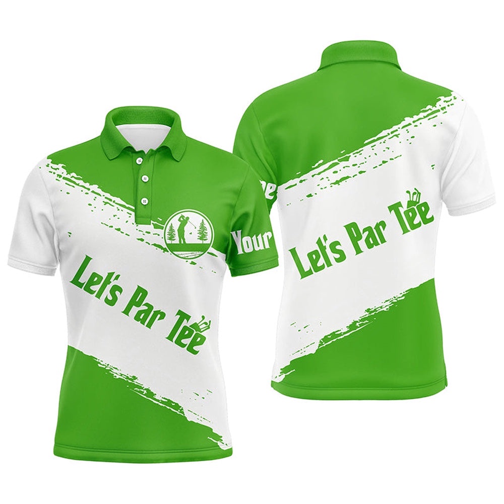 Green And White Men’s Golf Polo Shirts Custom Name Let’S Par Tee Best Men’s Golf Wear, Golf Polo Shirt, Golf Shirts