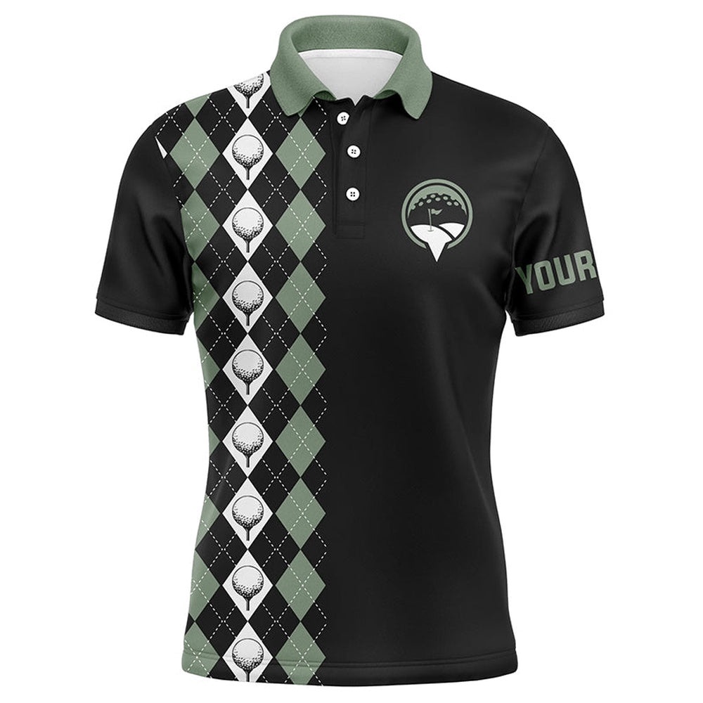 Green Argyle Pattern Black Men’s Golf Polo Shirts Custom Name Golf Tops For Men’s, Golf Polo Shirt, Golf Shirts