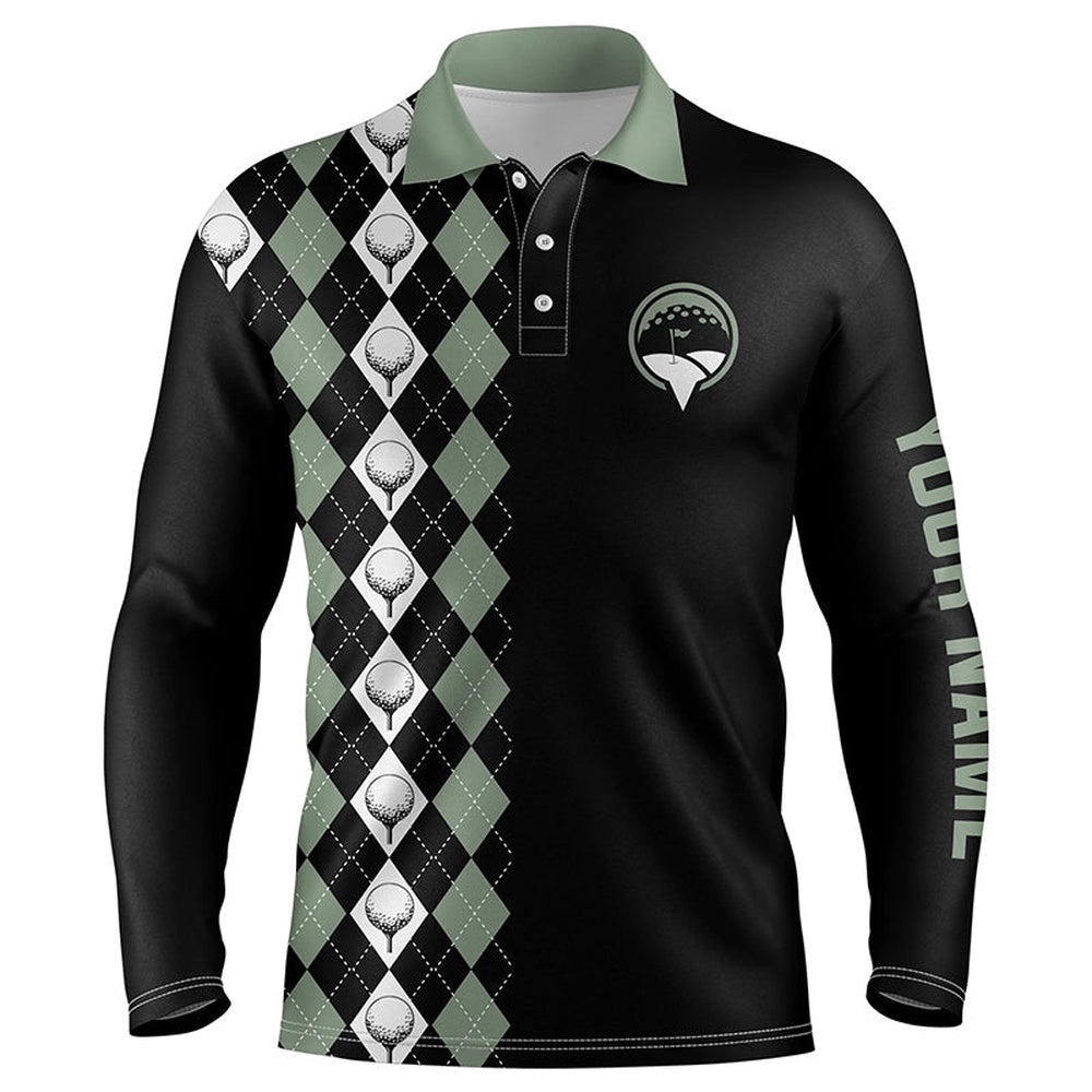 Green Argyle Pattern Black Men’s Golf Polo Shirts Custom Name Golf Tops For Men’s, Golf Polo Shirt, Golf Shirts