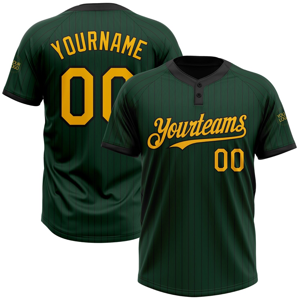 Green Black Pinstripe Gold Two Button Unisex Softball Jersey, Custom Team Softball Jersey