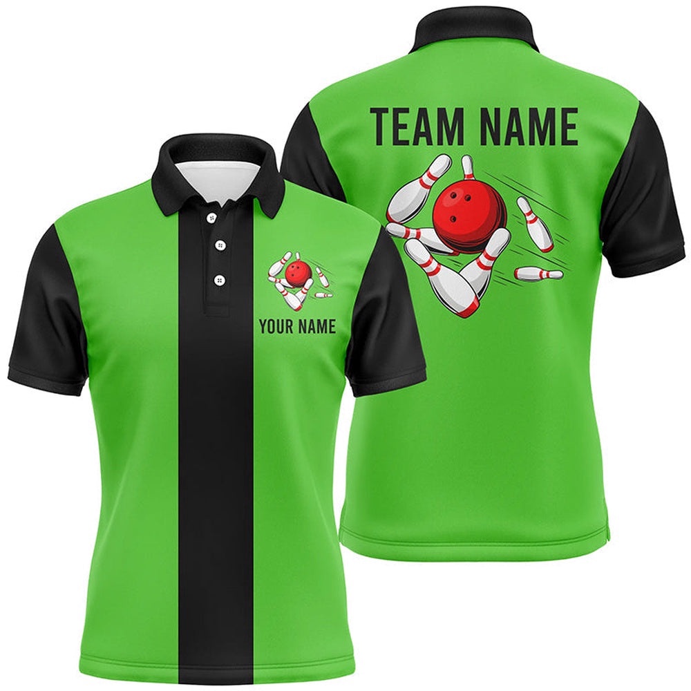 Green Black Retro Bowling Polo Shirts For Men Custom Vintage Bowling Team Polo Shirt, Personalized Bowling Team Shirt