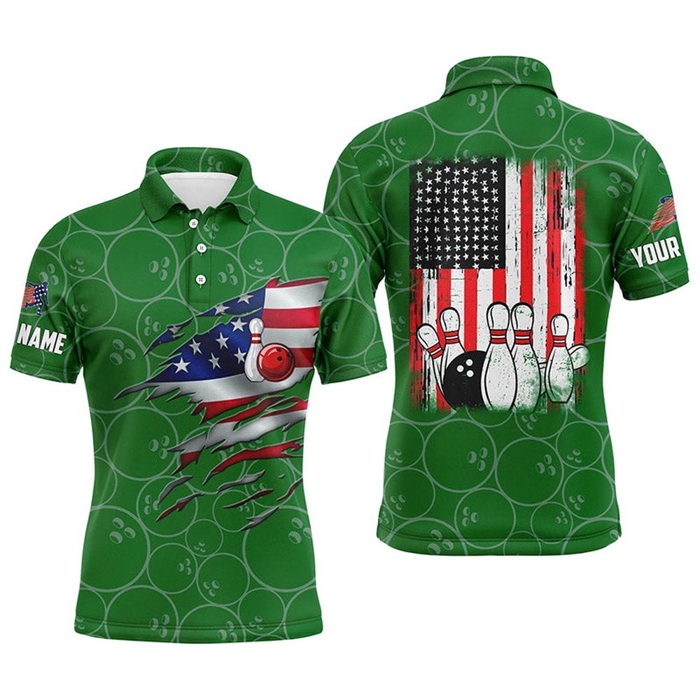 Green Bowling Polo Shirts For Men Custom Name Vintage American Flag Bowling Polo Shirt, Personalized Bowling Team Shirt Green Bowling Polo Shirts For Men Custom Name Vintage American Flag Bowling Polo Shirt, Personalized Bowling Team Shirt