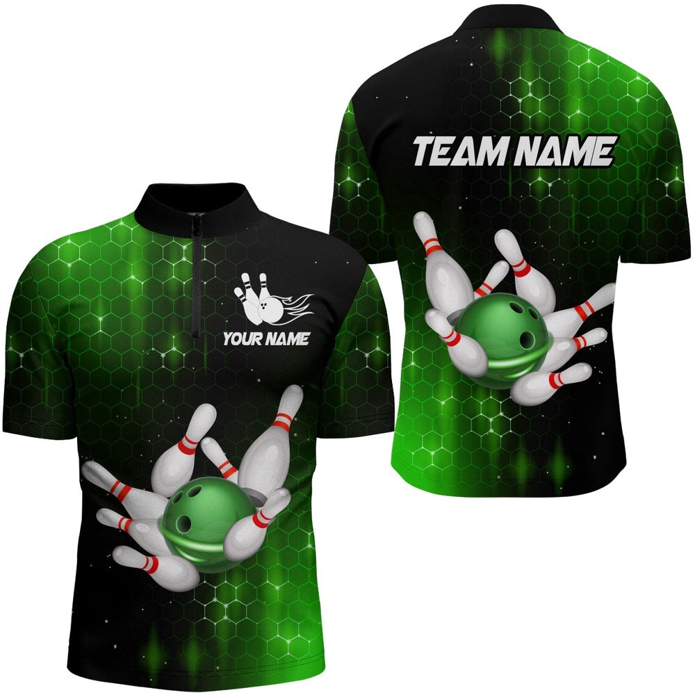 Green Bowling Shirts Men Women Bowling Team Jersey Bowling Zip Shirt, Custom Bowling Team Jersey Shirt