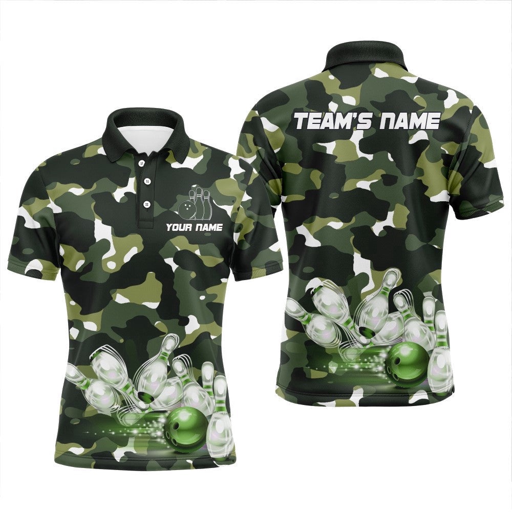 Green Camo Bowling Shirts For Men Custom Bowling Polo Shirt Team Bowling Polo Shirt, Personalized Bowling Team Shirt Green Camo Bowling Shirts For Men Custom Bowling Polo Shirt Team Bowling Polo Shirt, Personalized Bowling Team Shirt