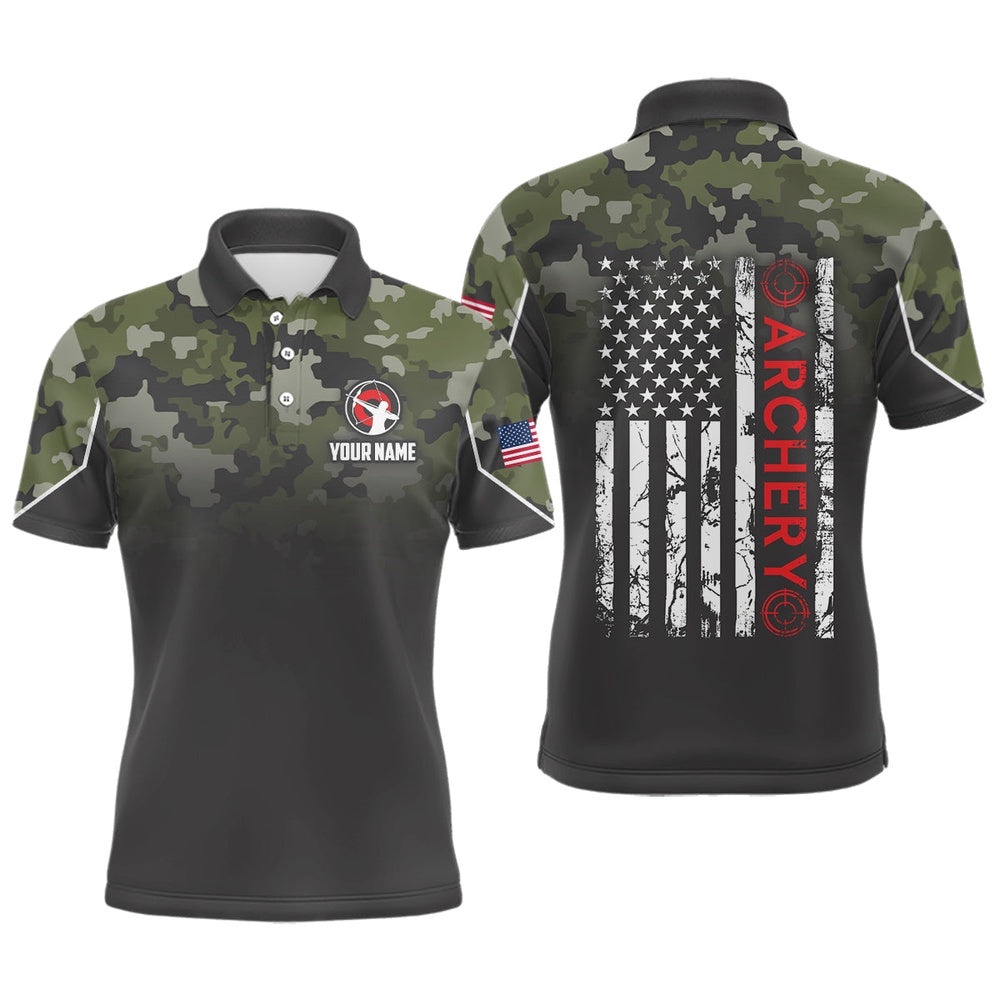 Green Camouflage Archery Polo Shirts For Men Custom Grunge US Flag Archery Shirts, Custom Archery Team Polo Shirt