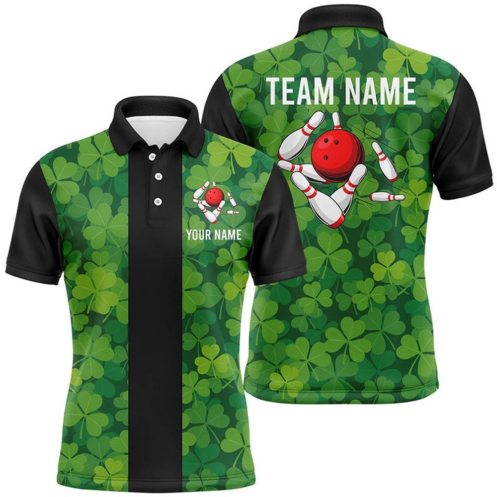 Green Clover Black Retro Bowling Polo Shirts For Men Custom Vintage Bowling Team Polo Shirt, Personalized Bowling Team Shirt Green Clover Black Retro Bowling Polo Shirts For Men Custom Vintage Bowling Team Polo Shirt, Personalized Bowling Team Shirt