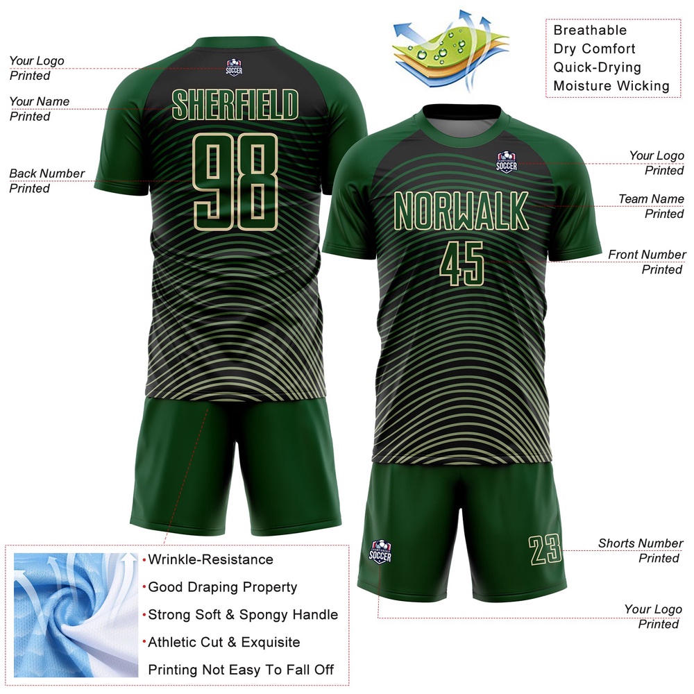 Green Cream Black Gradient Geometric Lines Sublimation Soccer Uniform Jersey, Custom Team Soccer Jersey Shirt