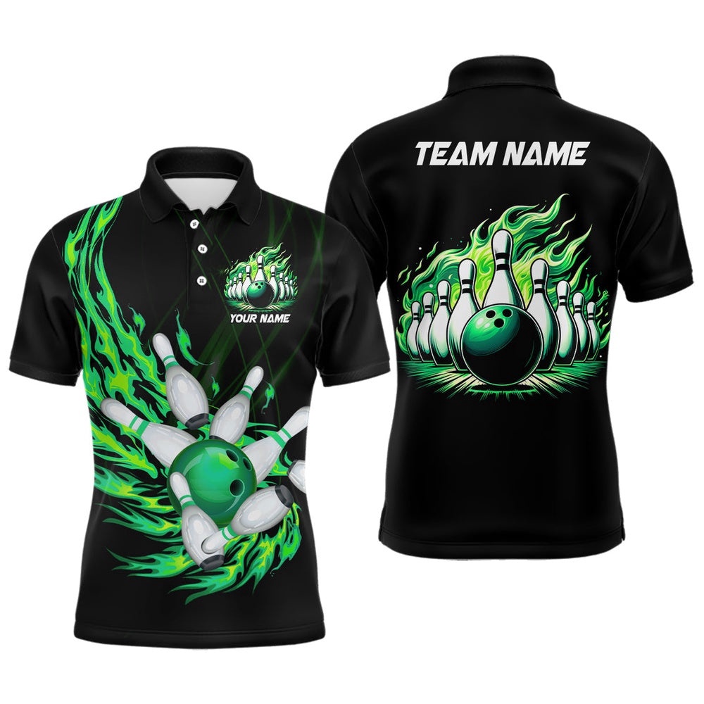 Green Flame Bowling Ball And Pins Custom Men Bowling Polo Shirts, Team Mens Bowling Polo Shirt, Personalized Bowling Team Shirt Green Flame Bowling Ball And Pins Custom Men Bowling Polo Shirts, Team Mens Bowling Polo Shirt, Personalized Bowling Team Shirt