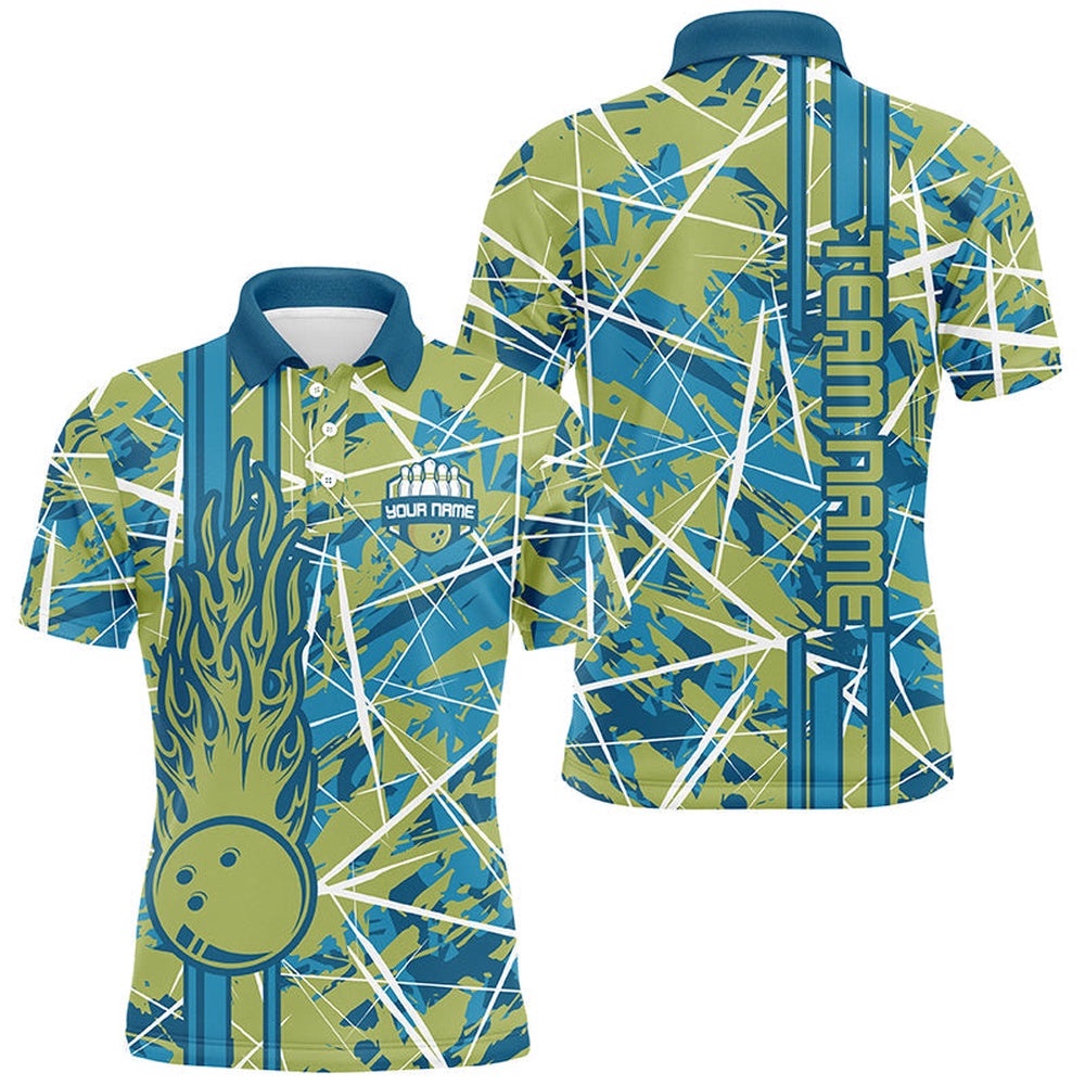 Green Flame Bowling Ball Camo Custom Men Bowling Polo Shirts, Team Bowling Polo Shirt Gift For Bowler, Personalized Bowling Team Shirt Green Flame Bowling Ball Camo Custom Men Bowling Polo Shirts, Team Bowling Polo Shirt Gift For Bowler, Personalized Bowling Team Shirt