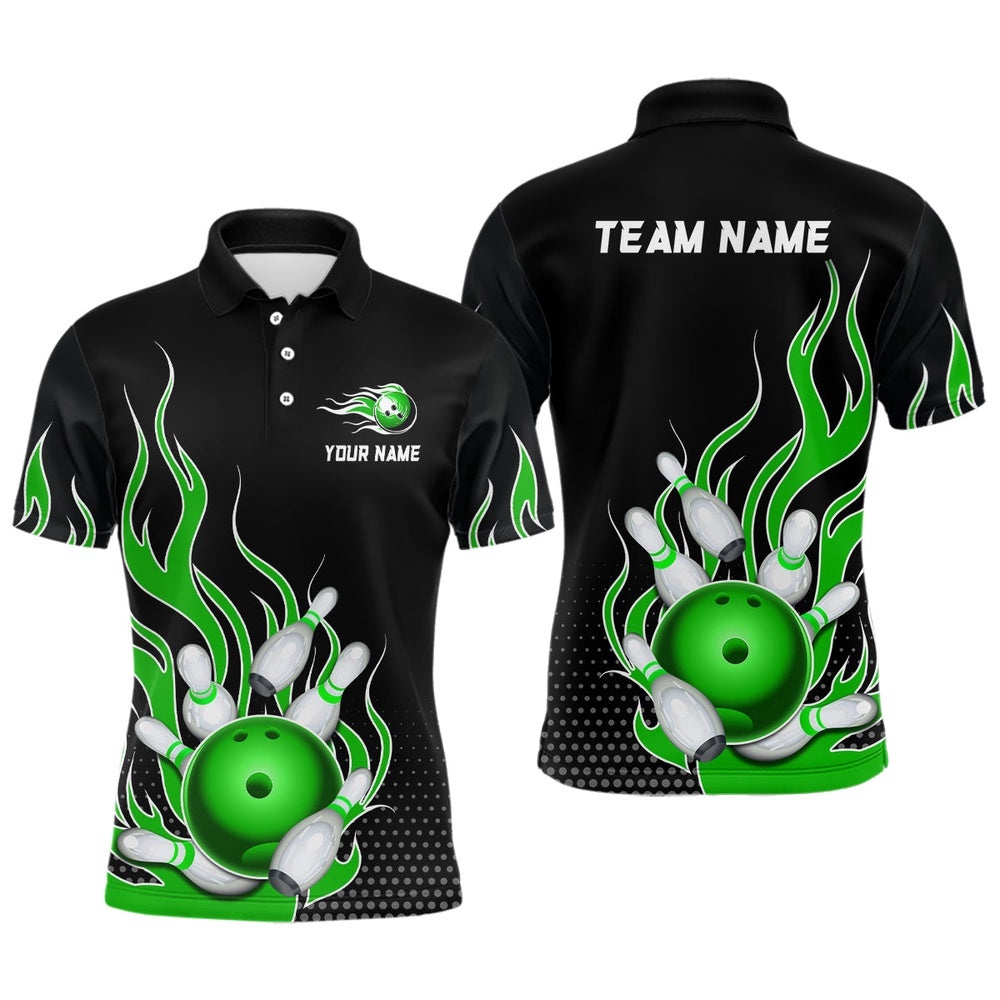 Green Flame Bowling Polo Shirts For Men And Women Custom Bowling Team Polo Shirt Unisex, Personalized Bowling Team Shirt Green Flame Bowling Polo Shirts For Men And Women Custom Bowling Team Polo Shirt Unisex, Personalized Bowling Team Shirt