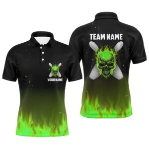 Green Flame Skull Bowling Polo Shirts Men…