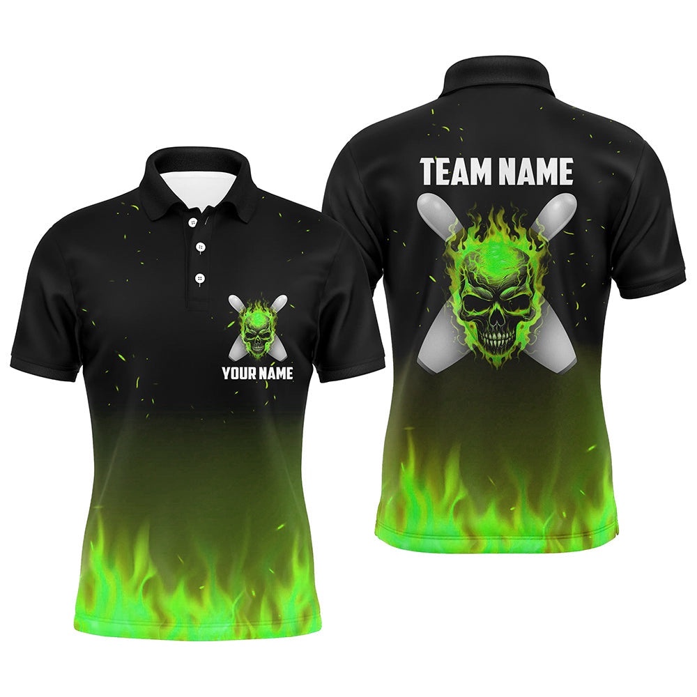 Green Flame Skull Bowling Polo Shirts Men Team Bowling Polo Shirt Halloween Outfits, Personalized Bowling Team Shirt Green Flame Skull Bowling Polo Shirts Men Team Bowling Polo Shirt Halloween Outfits, Personalized Bowling Team Shirt