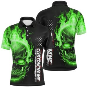 Green Flame Skull Custom Bowling Polo Shirts…