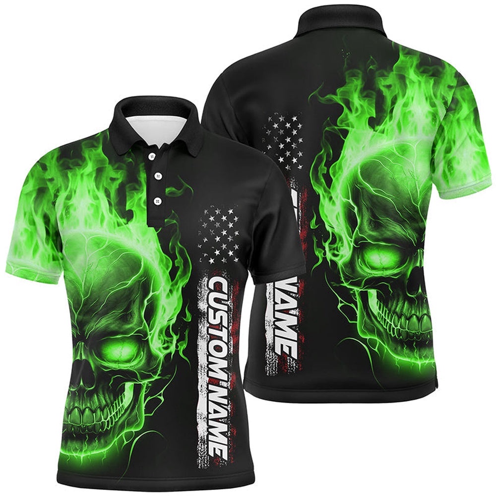 Green Flame Skull Custom Bowling Polo Shirts For Men And Women, American Bowling Team Polo Shirt, Personalized Bowling Team Shirt Green Flame Skull Custom Bowling Polo Shirts For Men And Women, American Bowling Team Polo Shirt, Personalized Bowling Team Shirt
