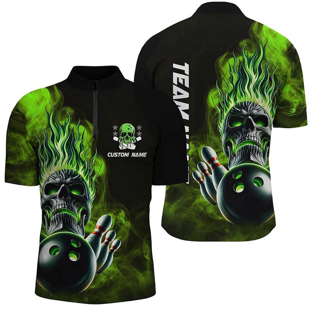 Green Flame Skull Unisex Bowling Team Shirts, Strike Bowling Jersey For Men Women, Custom Bowling Team Jersey Shirt