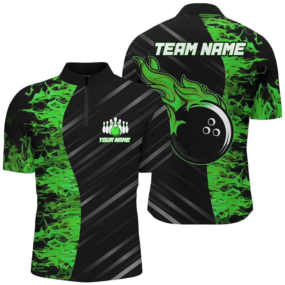 Green Flames Bowling Jersey Men Women Bowling Shirt For Team, Custom Bowling Team Jersey Shirt