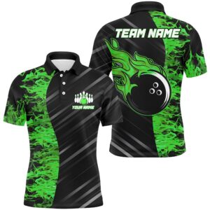 Green Flames Bowling Polo Shirt Men Women…