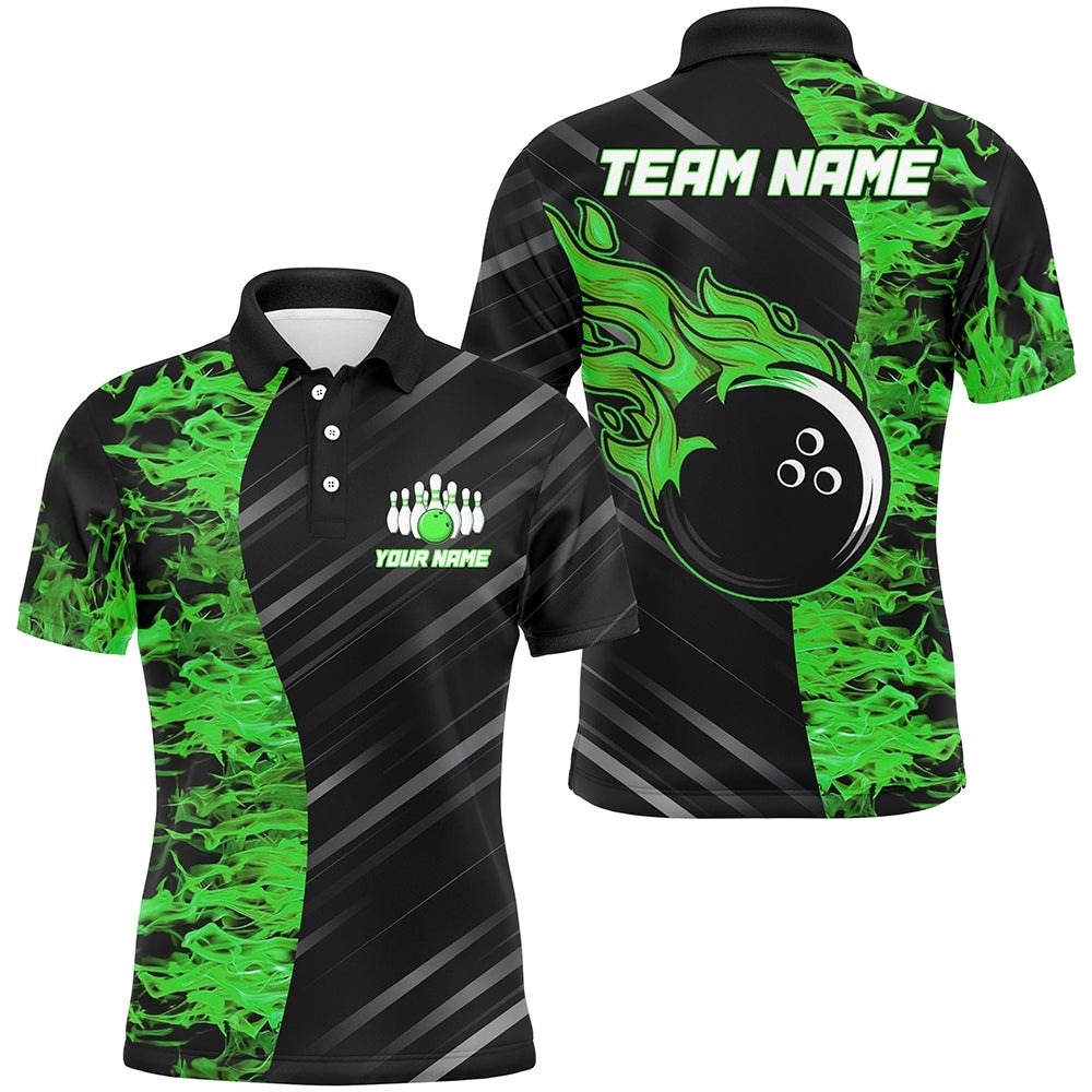 Green Flames Bowling Polo Shirt Men Women Custom Bowling Polo Shirt For Team, Personalized Bowling Team Shirt Green Flames Bowling Polo Shirt Men Women Custom Bowling Polo Shirt For Team, Personalized Bowling Team Shirt