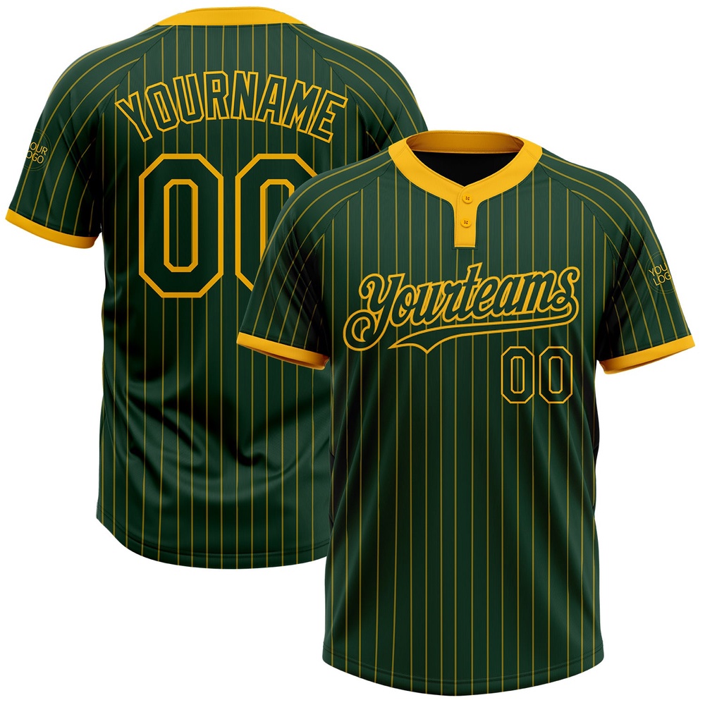 Green Gold Pinstripe Gold Two Button Unisex Softball Jersey, Custom Team Softball Jersey
