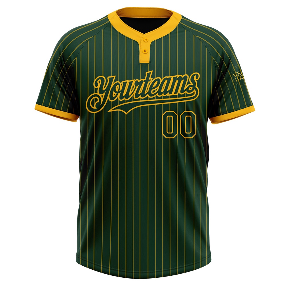 Green Gold Pinstripe Gold Two Button Unisex Softball Jersey, Custom Team Softball Jersey