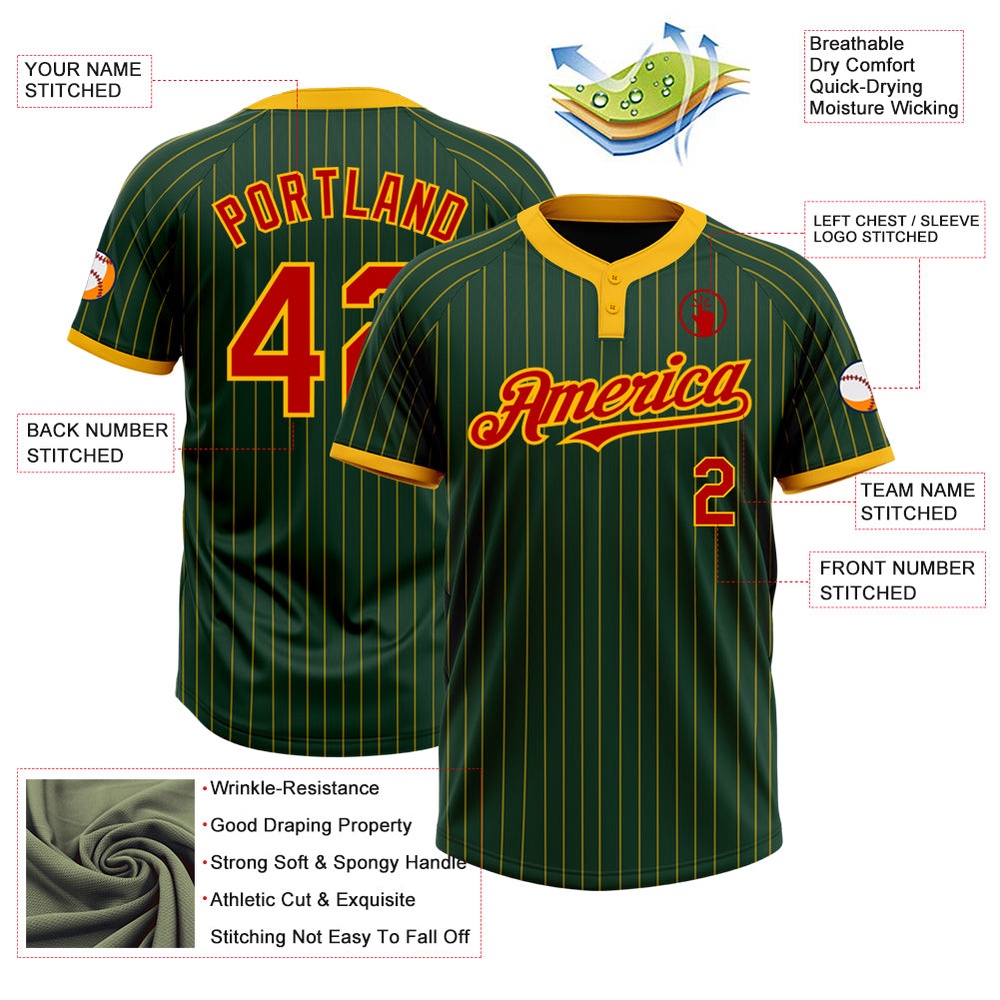 Green Gold Pinstripe Red Two Button Unisex Softball Jersey, Custom Team Softball Jersey