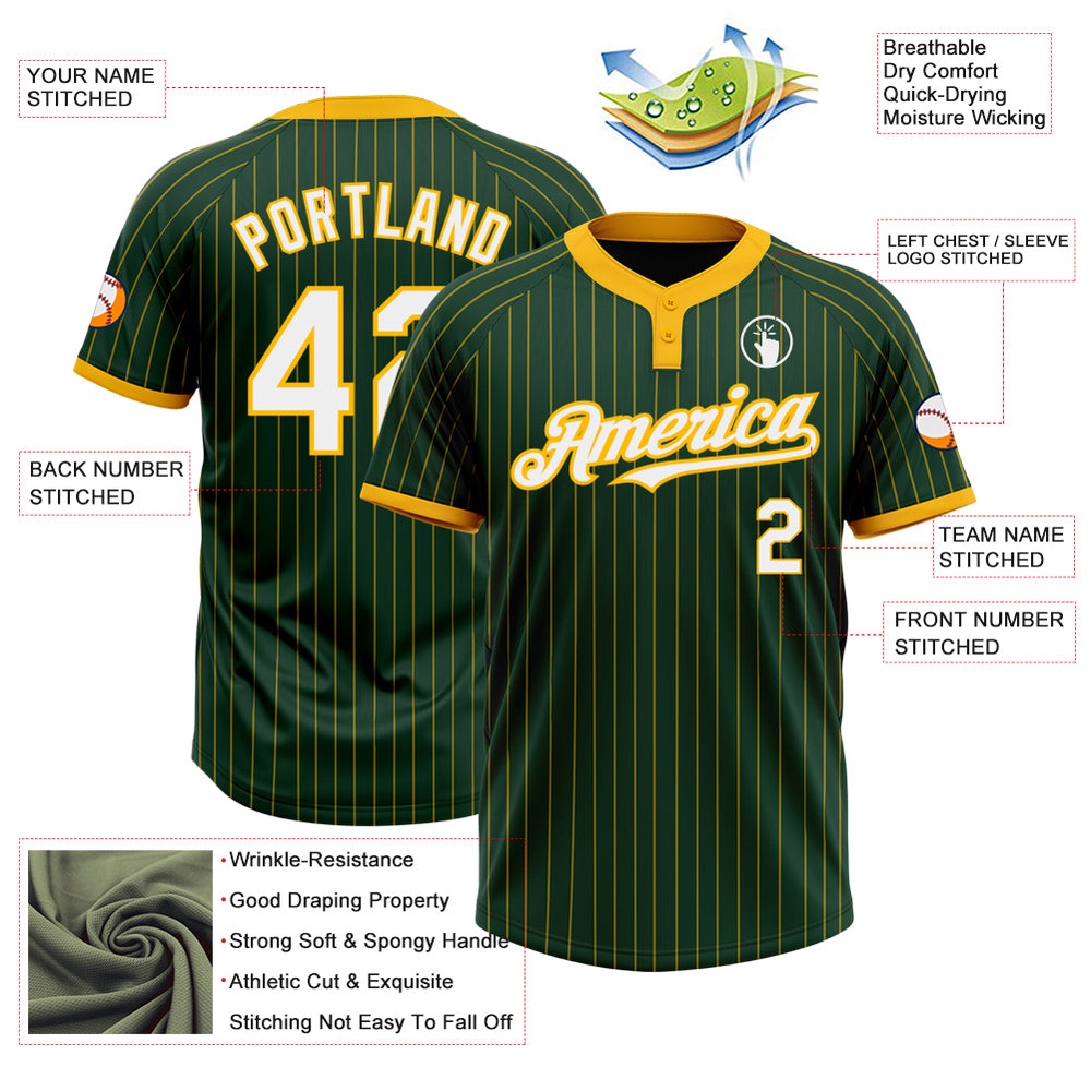 Green Gold Pinstripe White Two Button Unisex Softball Jersey, Custom Team Softball Jersey